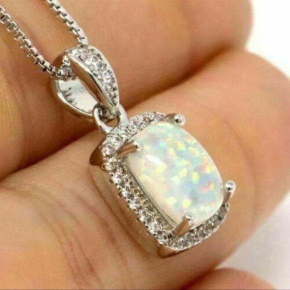 3Ct Cushion Cut Fire Opal Diamond Halo Pendant 18" Necklace Sterling Silver - Picture 8 of 10